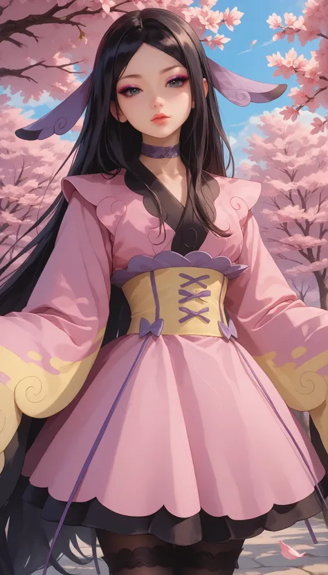 zzValerie, long hair, black hair, big black eyes, highly detailed face, glossy detailed lips, parted bangs, eyeshadow, hair ornament, black pantyhose, choker, dress, furisode, highly detailed clothing, japanese clothes, kimono, long flowing sleeves that co...
