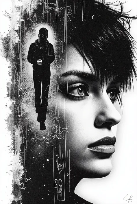 A 4K UHD painting with a minimalistic background , modern view and abstract background with a close-up of a powerful and enigmatic female composition in the style of minimalism , with a super-realistic artistic creation in black ink on a white background ....