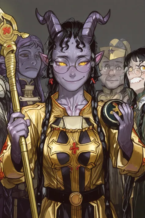 score_9, score_8_up, score_7_up, score_6_up, score_5_up, score_4_up, 
BREAK
(masterpiece: 1.0), best quality, perfect anatomy, perfect composition, perfection,
BREAK
cinematic lighting,
BREAK
1girl, DND character art. Smile, Tiefling, glittery purple skin,...