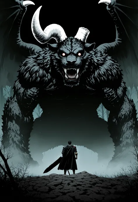 very far away view, Masterpiece, High resolution, Absurds, The newest, Half-profile view, 1 , \(berserk\),capa negra,black cloak on the back,armadura leather,blade belt,leather,bandages on the hand,metallic arm,metal prosthesis, Muscular, looking at the vi...