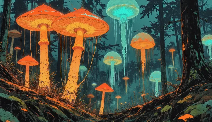 a lush forest with huge mushrooms and glowing jellyfish that fly through the air, 4k, fotorealistisch, ultradetailliert, naturgetreu, atmospheric realistic forest, gigantische pilze, flying jellyfish with glowing body, dramatisches licht, warme farbpalette...