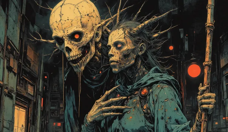 High quality, HD, Extreme Detail,  Unheimlicher Geist, skeleton, Knochen, her face and upper body, powerful witch,  Exudes an ominous mood, creates an ice-cold atmosphere