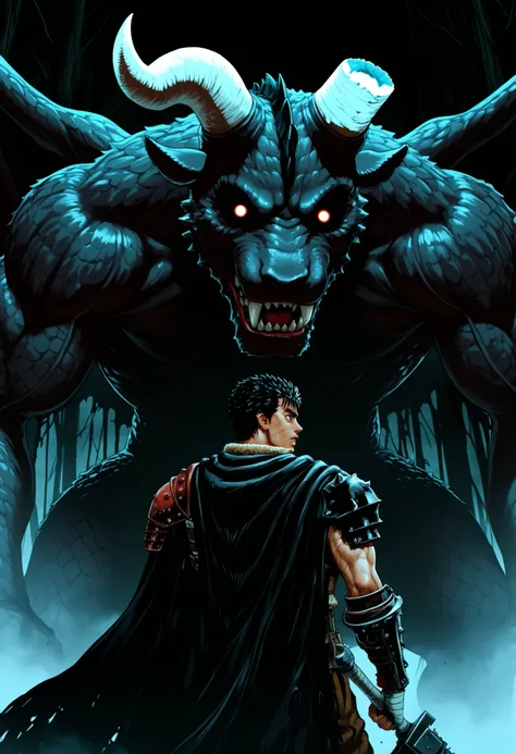 very far away view, Masterpiece, High resolution, Absurds, The newest, Half-profile view, 1 , \(berserk\),capa negra,black cloak on the back,armadura leather,blade belt,leather,bandages on the hand,metallic arm,metal prosthesis, Muscular, looking at the vi...