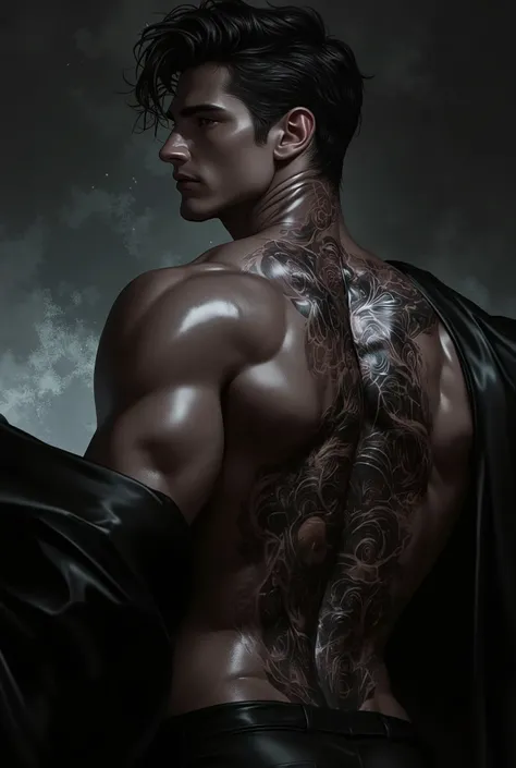 Sexy black man with samurai tattoo on his back