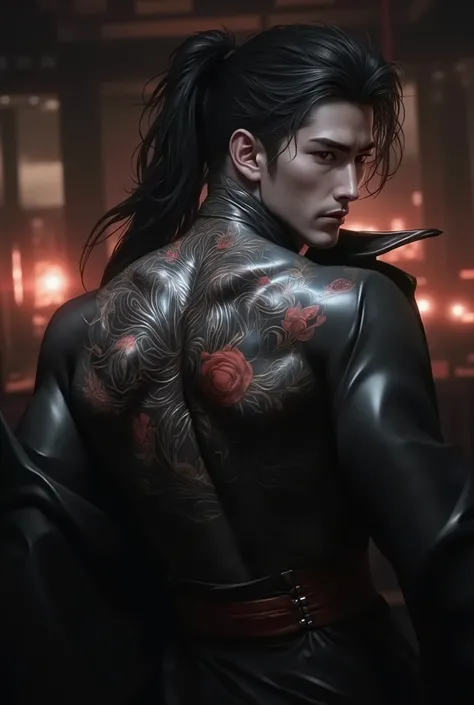 Sexy black man with samurai tattoo on his back