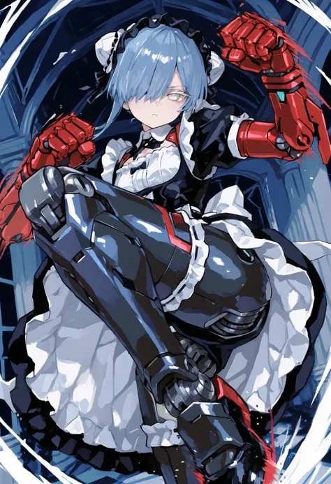 Maid Outfit。Blue hair。2 bun hair。chignon。cute white eyes。Hair on one eye。Mechanical joints。machine body。Gothic Room。Giant Gundred。giant fist fight。kick attack。BIG ARM。Dynamic。action。motion blur effect。big side kick