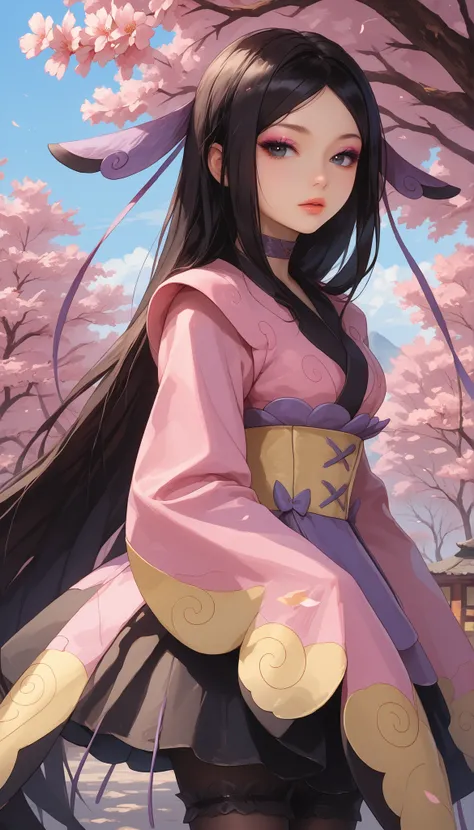 zzValerie, long hair, black hair, big black eyes, highly detailed face, glossy detailed lips, parted bangs, eyeshadow, hair ornament, black pantyhose, choker, dress, furisode, highly detailed clothing, japanese clothes, kimono, long flowing sleeves that co...