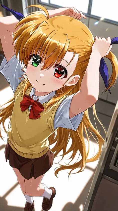Masterpiece, Highest Quality, Super Detailed, ultra high resolution, 8k,beautiful and detailed face,beautiful fine eyes,perfect anatomy,cinematic lighting,solo, 1girl, looking at viewer,aavivio, long hair, Blonde, stupid hair,  double sided up, hair ribbon, Iris heterochromia, flat chest, uniform, Red Bowtie, white shirt, sweater vest, YELLOW SWEATER, Short sleeve, brown skirt,Laughing