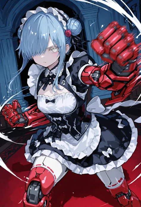 Maid Outfit。Blue hair。2 bun hair。chignon。cute white eyes。Hair on one eye。Mechanical joints。machine body。Gothic Room。Red Gundred。Giant Fist。Attack。BIG ARM。Dynamic punch。action。motion blur effect。Blue fighting spirit