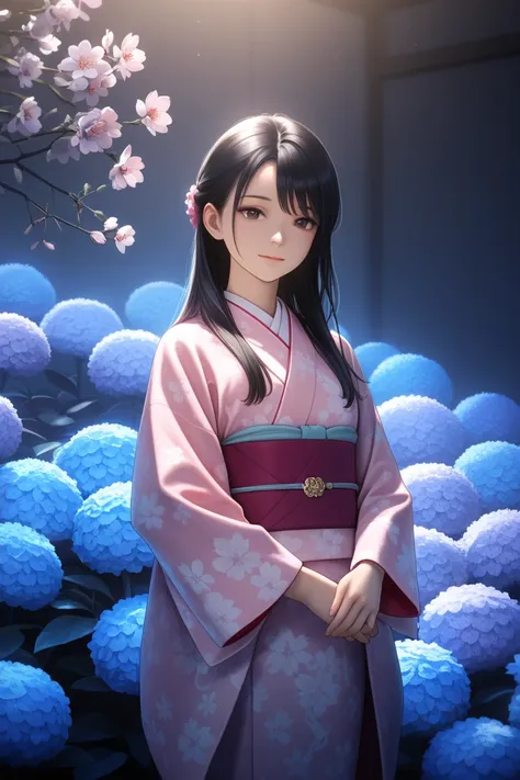 masterpiece, top quality, very beautiful, 1 girl, cowboy shot, black hair, long hair, Japanese clothes, beautiful young Japanese woman in traditional kimono, intricate floral kimono, elegant posture, serene expression, standing in lush garden, sakura trees in bloom, soft natural lighting, photorealistic, 8K, HDR, studio lighting, physically-based rendering, vivid colors, warm color palette