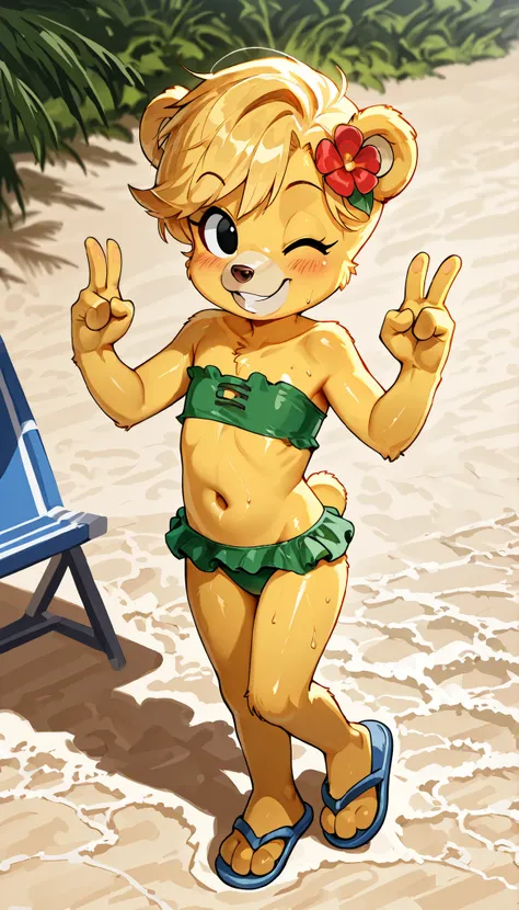 score_9, score_8_up, score_7_up, (masterpiece, best quality, very aesthetic, absurdres, source furry, shaded, 1girl, bear, furry female, Sunni Gummi, young, black eyes, smile, blush, blonde hair, messy bangs, bear features, bear ears, bear tail, yellow bod...