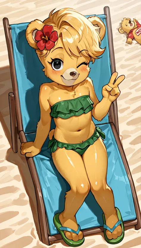 score_9, score_8_up, score_7_up, (masterpiece, best quality, very aesthetic, absurdres, source furry, shaded, 1girl, bear, furry female, Sunni Gummi, young, black eyes, smile, blush, blonde hair, messy bangs, bear features, bear ears, bear tail, yellow bod...
