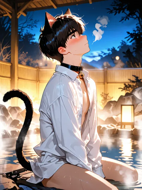 1 boy, cat ears, manhwa style, beautiful collar with bell, cute, tail in frame, embarrassed face, a little bit undressed, unbuttoned shirt, w-sitting, submissive pose, kneeling, hands on shirt, looking up, suggestive, hot springs, onsen, atmospheric, steam...