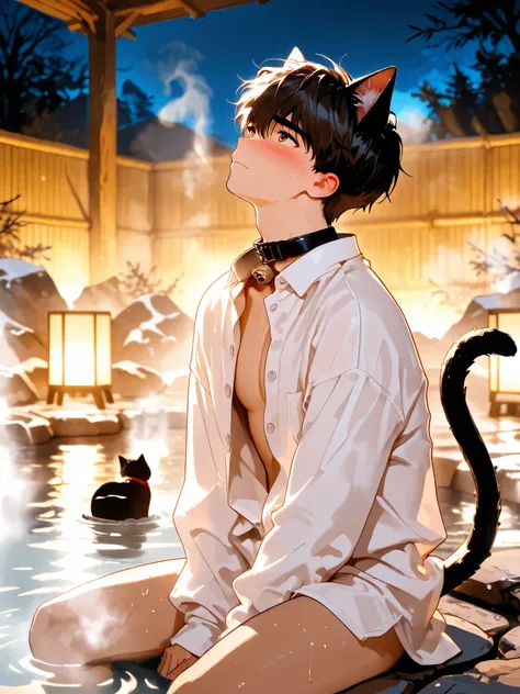 1 boy, cat ears, manhwa style, beautiful collar with bell, cute, tail in frame, embarrassed face, a little bit undressed, unbuttoned shirt, w-sitting, submissive pose, kneeling, hands on shirt, looking up, suggestive, hot springs, onsen, atmospheric, steam...