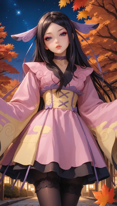 zzValerie, long hair, black hair, big black eyes, highly detailed face, glossy detailed lips, parted bangs, eyeshadow, hair ornament, black pantyhose, choker, dress, furisode, highly detailed clothing, japanese clothes, kimono, long flowing sleeves that co...