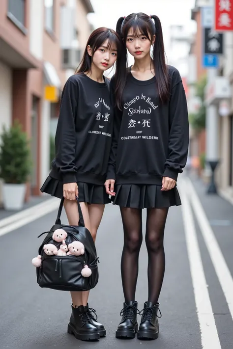realistic、 Takeshita Street in Harajuku, Girly Style, twin tails, Tees:long sleeve、Short length、black, (Best:赤とblackのチェック、Short length 、black、string,) stockings:薄いblack, Skirt:mini、flare、rare yard、black, thick soled boots:black、thick bottom 10cm,, backpack...