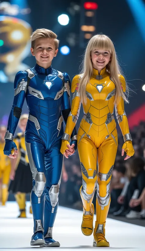 character: 1 boy blonde hair wearing futuristic blue ironman body suit with silver armor futuristic blue accents , and 1 girl blonde hair Long Bangs Wearing futuristic yellow ironman body suit with silver armor futuristic blue accents. Their facial skin i...