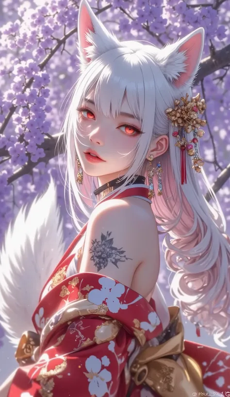 younger woman, white wolf ears, white wolf tail, with white and pink hair, red eyes, light blue kimono, off shoulder, hair simple ornament, earrings, flower tattoo, wysteria tree, 