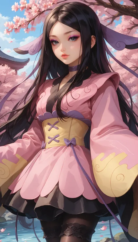 zzValerie, long hair, black hair, big black eyes, highly detailed face, glossy detailed lips, parted bangs, eyeshadow, hair ornament, black pantyhose, choker, dress, furisode, highly detailed clothing, japanese clothes, kimono, long flowing sleeves that co...