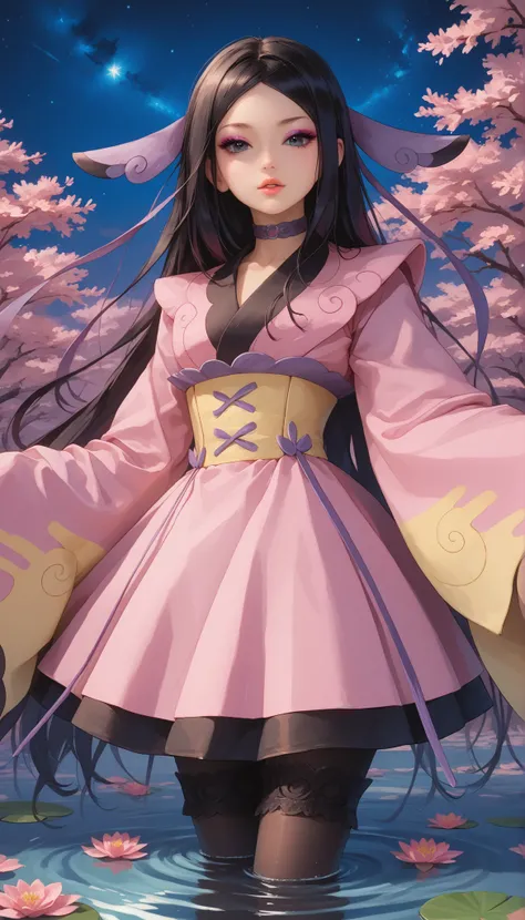 zzValerie, long hair, black hair, big black eyes, highly detailed face, glossy detailed lips, parted bangs, eyeshadow, hair ornament, black pantyhose, choker, dress, furisode, highly detailed clothing, japanese clothes, kimono, long flowing sleeves that co...