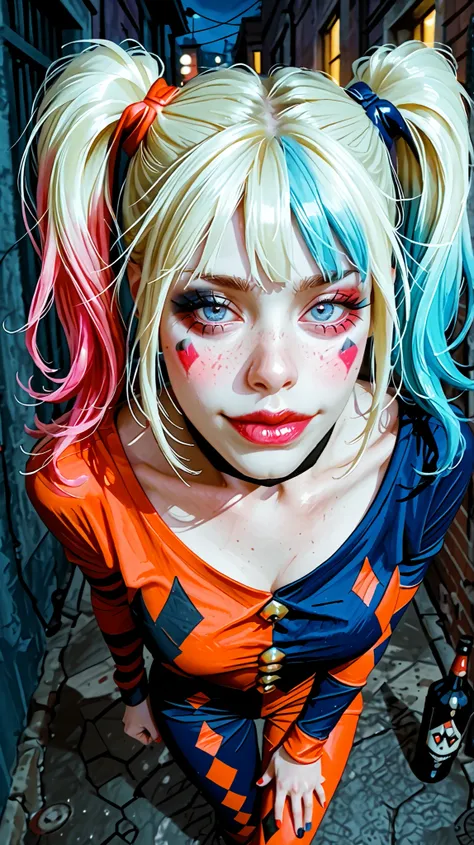 Harley Quinn  (Harlequin ), She has an expression of joy, (In a night alley in the moonlight). ( Ultra Image quality .  (16 thousand.,) REALISTIC PRIME TIME)).  Shooting from above  ( General immersion)(Realistic photo. bright and real colors) freckles, on...