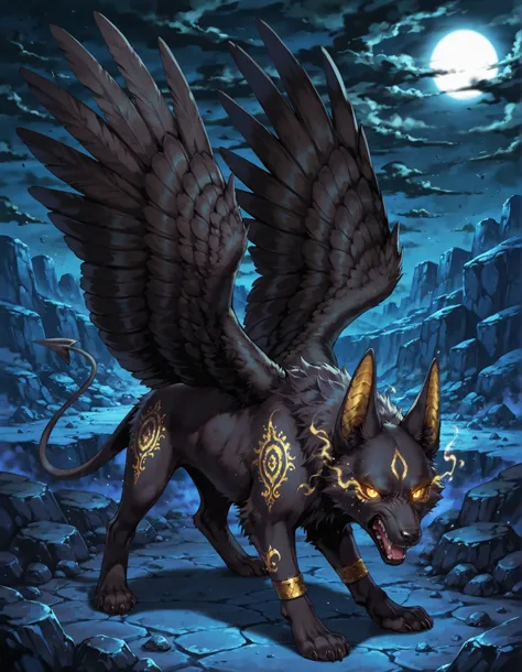 Masterpiece,  Best quality, full body, (((feral))), quadrupped,  Black jackal,  female, black body, black folded, detailed fur, wings, angry demon,  egypt landscape, golden tattoo body, sensual eyes, yellow pupil, glowing eyes, dark atmosphere,  shadows, d...