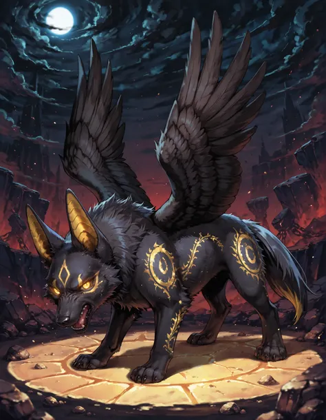 Masterpiece, Best quality, full body, (((feral))), quadrupped, Black jackal, female, black body, folded wings, detailed fur, wings, angry demon, egypt landscape, golden tattoo body, sensual eyes, yellow pupil, glowing eyes, dark atmosphere, shadows, detail...