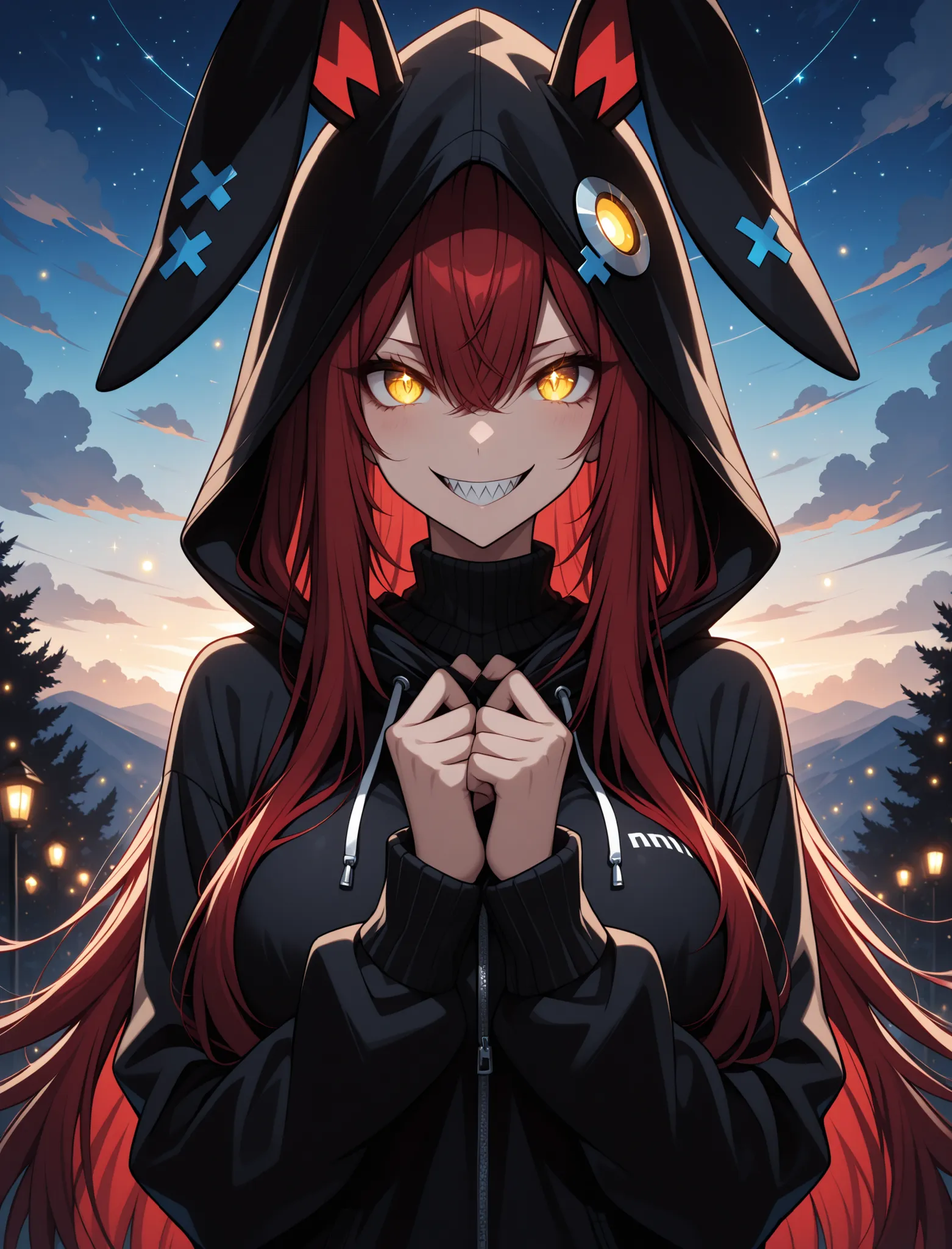 glowing eyes, rabbit ear jacket, hoodie, hood up, ((correct_anatomy)), ((correct_anatomy)),1 girl , golden eyes , very long hair , long sidelocks, red hair , petite , very cute , beautiful ,Straight hair, cool, handsome, hair between eyes, mediumlarge brea...