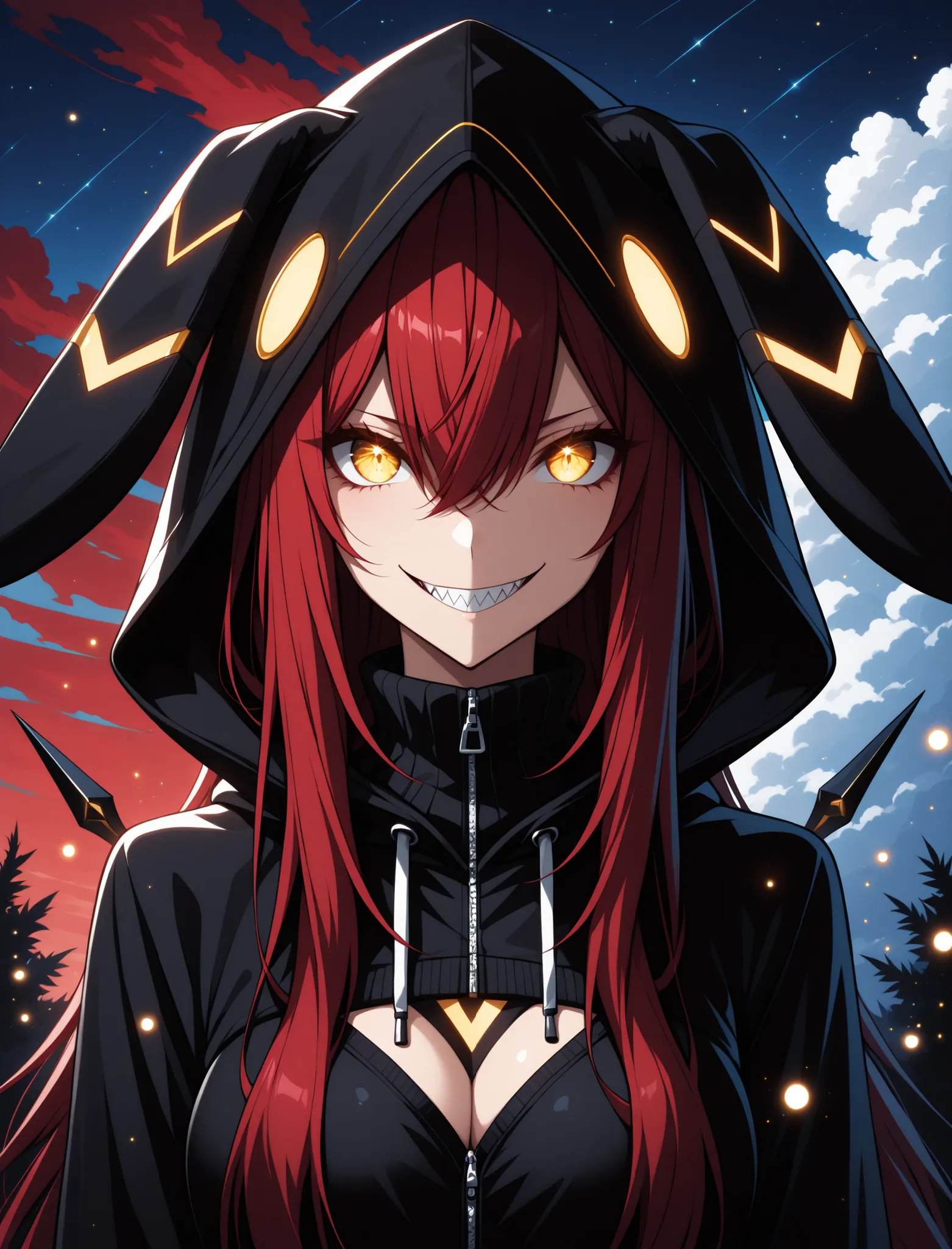 glowing eyes, rabbit ear jacket, hoodie, hood up, ((correct_anatomy)), ((correct_anatomy)),1 girl , golden eyes , very long hair , long sidelocks, red hair , petite , very cute , beautiful ,Straight hair, cool, handsome, hair between eyes, mediumlarge brea...