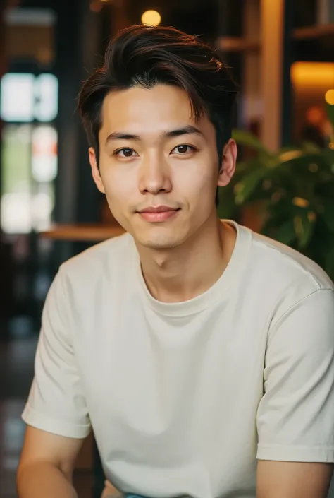 Prompt:
a close-up bust portrait of a stylish and natural-looking young Japanese man in his late twenties. He has short, neatly trimmed black hair, warm brown eyes, and a clear, smooth complexion with a subtle tan. He wears a clean white crew-neck T-shirt,...