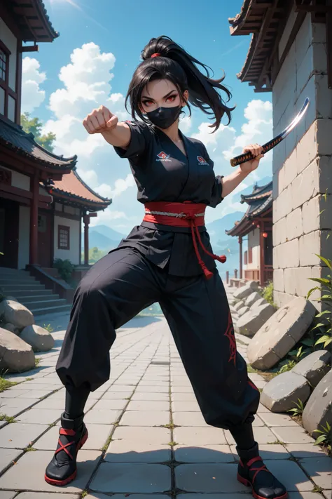 A fierce female ninja standing in a martial arts pose, wearing a sleek black outfit with a face mask, holding a katana above her head with one hand and raising one leg in a dynamic kicking stance. The background is an outdoor scene with a stone wall, grave...