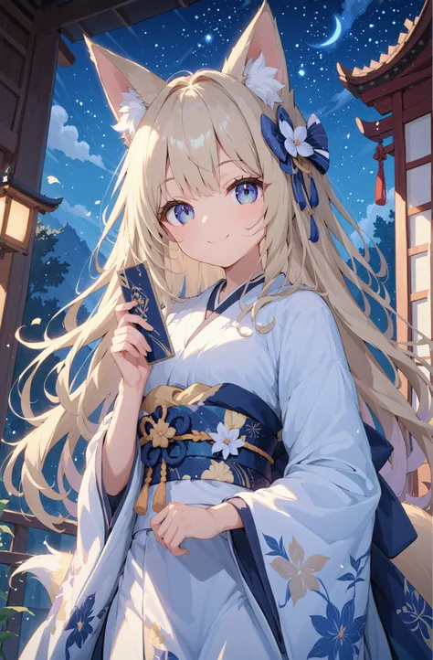 masterpiece、Concept Art、(very detailed)、 (((masterpiece、Highest Quality))) 、Girl 1、night、starry sky、Moonlight:1.2、(fox ear、Platinum Blonde、long hair、 kimono)、( soft smile ) 、Standing picture