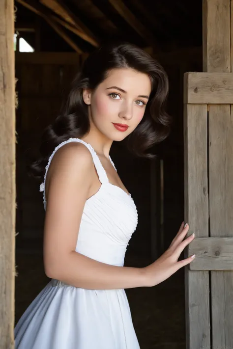 A real life 23 year old brunete polish beautiful girl looks at me in the barn only wearing her white dress.1940's style girl