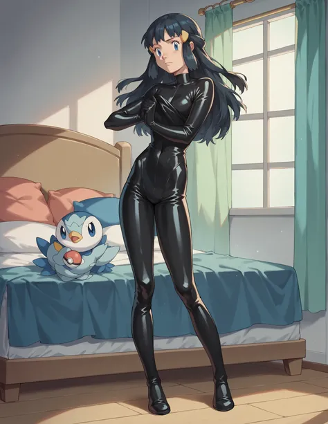 pokemondawn,  pokemon dawn, black hair, blue eyes, sidelocks, long hair, stand on bedroom with use black Latex suit full body