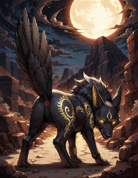 Masterpiece, Best quality, full body, (((feral))), quadrupped, Black jackal, female, black body, folded wings, detailed fur, wings, angry demon, egypt landscape, golden tattoo body, sensual eyes, yellow pupil, glowing eyes, dark atmosphere, shadows, detail...
