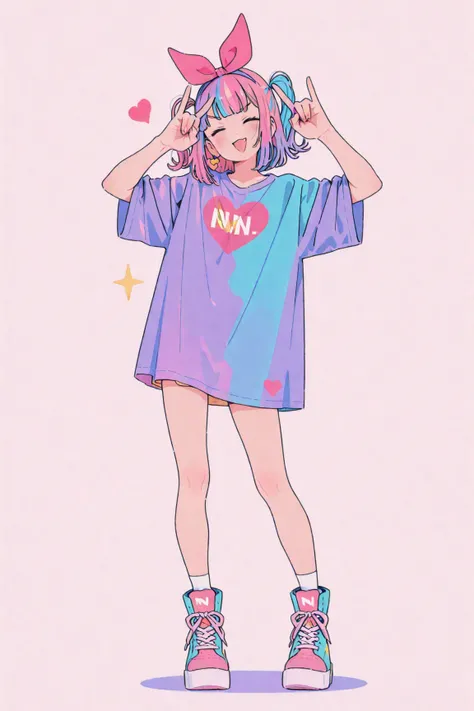 I want one、I want a picture of a person。\n pink gradation hair\n delicate\n pop and colorful clothes\n over 20 years old\n full body\n in poses that make a heart shape with both hands {x} n\n wear shining accessories\n I'm posing in the hustle and bustle of Harajuku in Japan\
