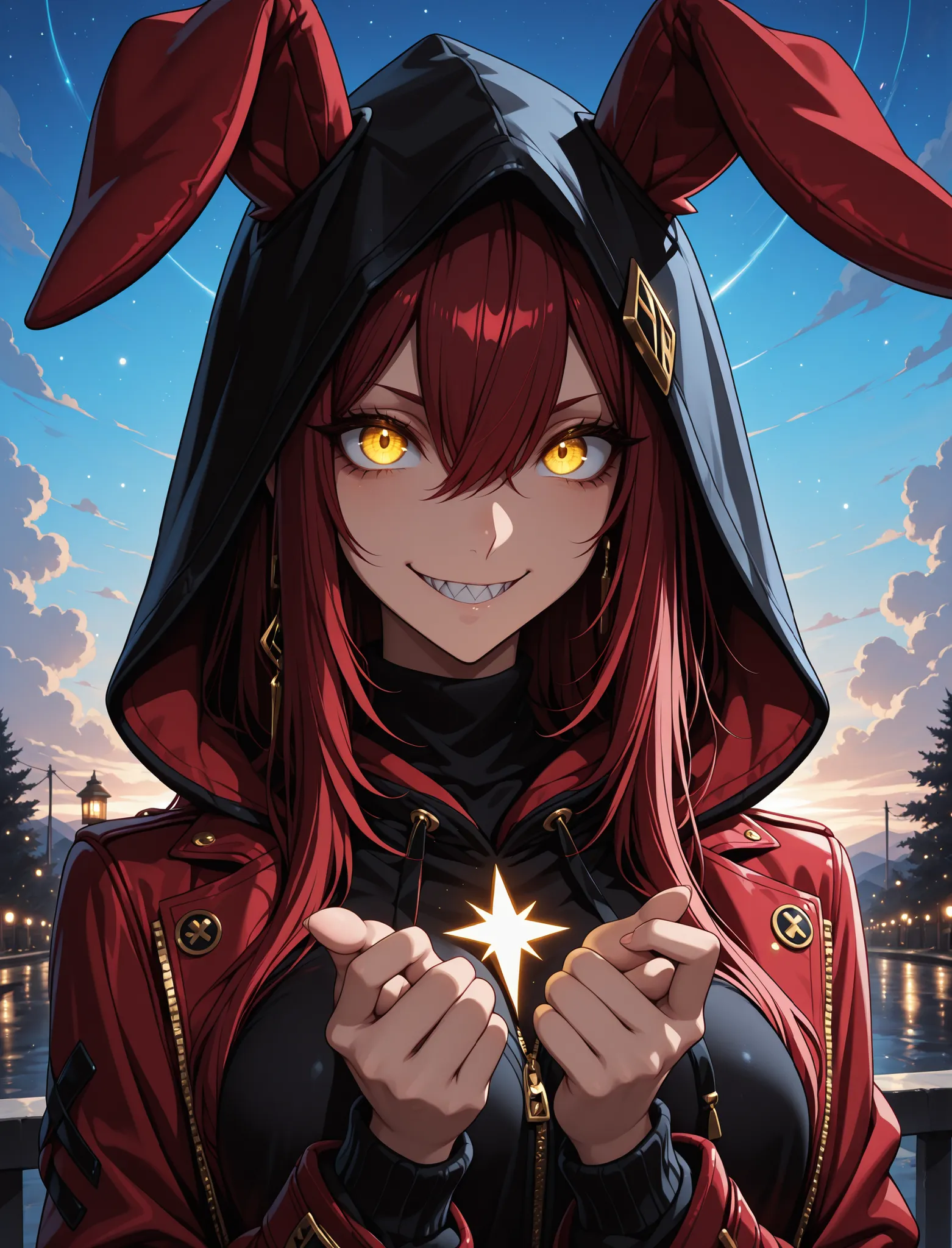 glowing eyes, red rabbit ear jacket, hoodie, hood up, ((correct_anatomy)), ((correct_anatomy)),1 girl , golden eyes , very long hair , long sidelocks, red hair , petite , very cute , beautiful ,Straight hair, cool, handsome, hair between eyes, mediumlarge ...