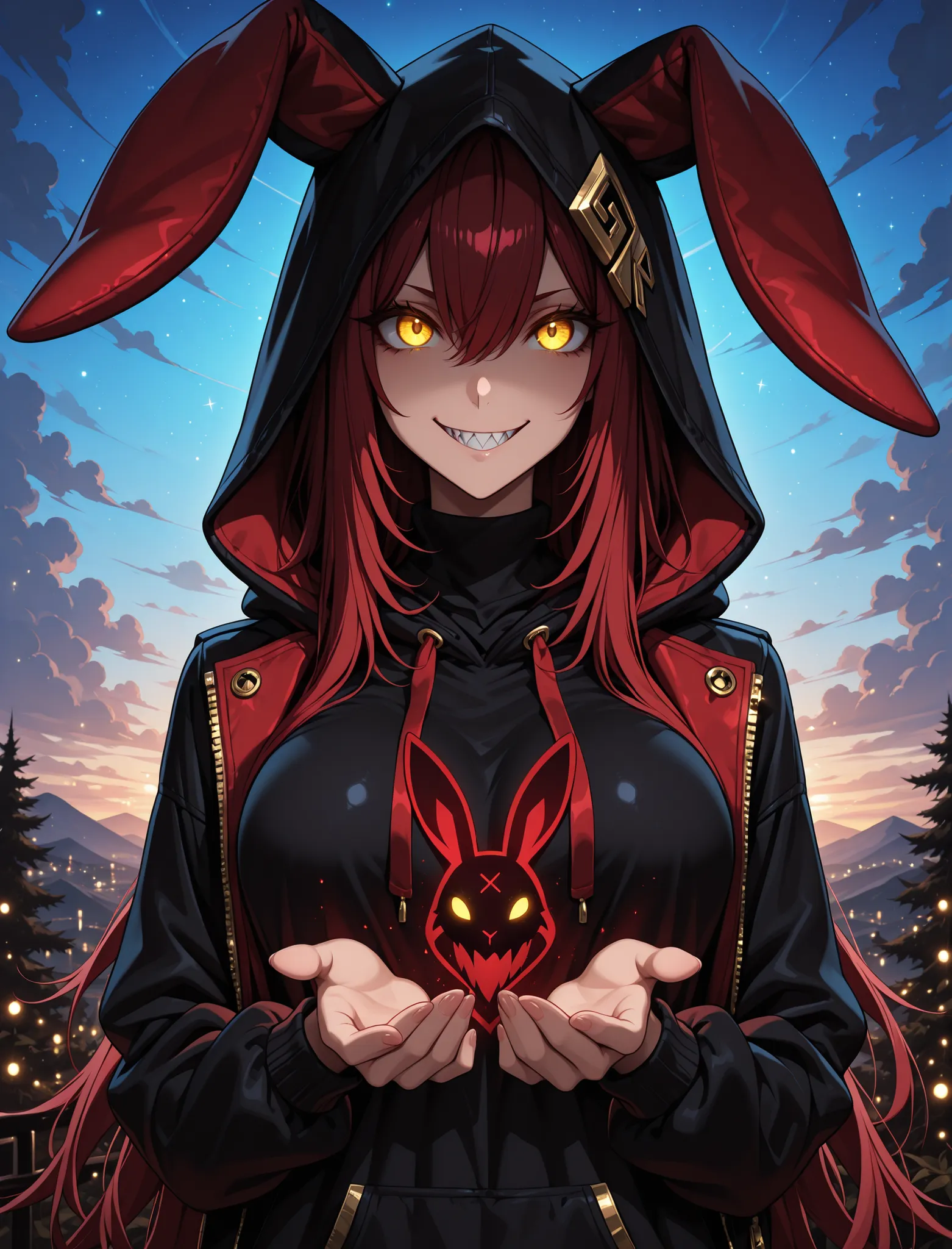 glowing eyes, red rabbit ear jacket, hoodie, hood up, ((correct_anatomy)), ((correct_anatomy)),1 girl , golden eyes , very long hair , long sidelocks, red hair , petite , very cute , beautiful ,Straight hair, cool, handsome, hair between eyes, mediumlarge ...