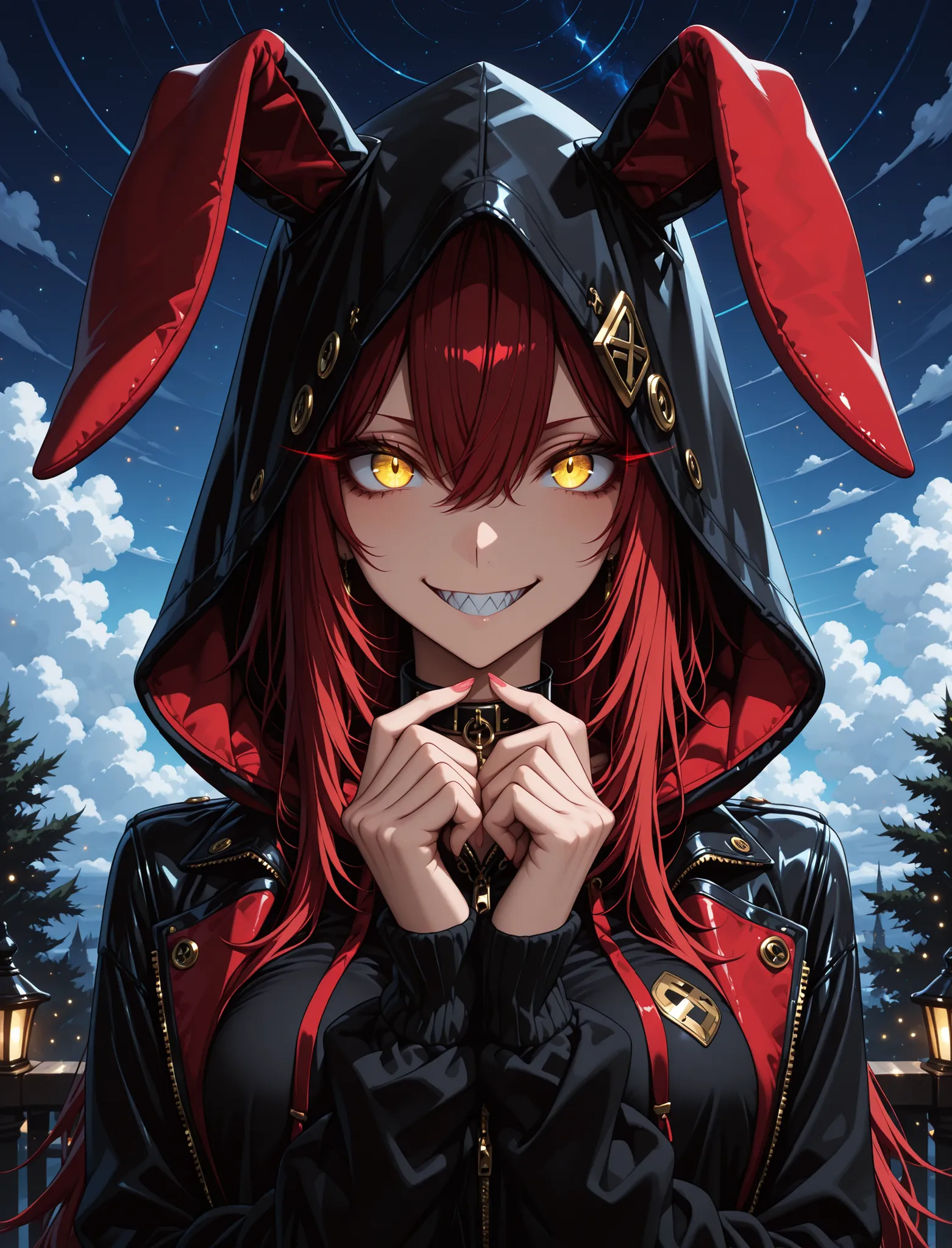 glowing eyes, red rabbit ear jacket, hoodie, hood up, ((correct_anatomy)), ((correct_anatomy)),1 girl , golden eyes , very long hair , long sidelocks, red hair , petite , very cute , beautiful ,Straight hair, cool, handsome, hair between eyes, mediumlarge ...