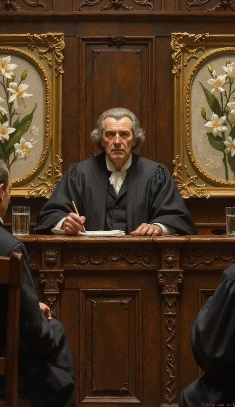 Pre Raphaelite European art style, lily flowers art nouveau frame.
a supreme judge in the tall court room. He sit on high table with the law book and wooden hammer. He giving verdict.