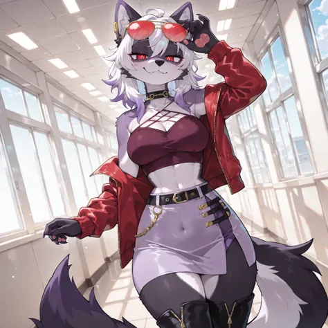 (dutch angle) (solo:1.5, solo character:1.5) (adult:1.2, mature:0.9, female, girl, hot, broad shoulders:1.1, detailed lighting, detailed shadows), [big eyes:1.4], (round face:1.4, red eyes, cute:1.1, medium hair, medium breasts, black fur, red tinted glass...