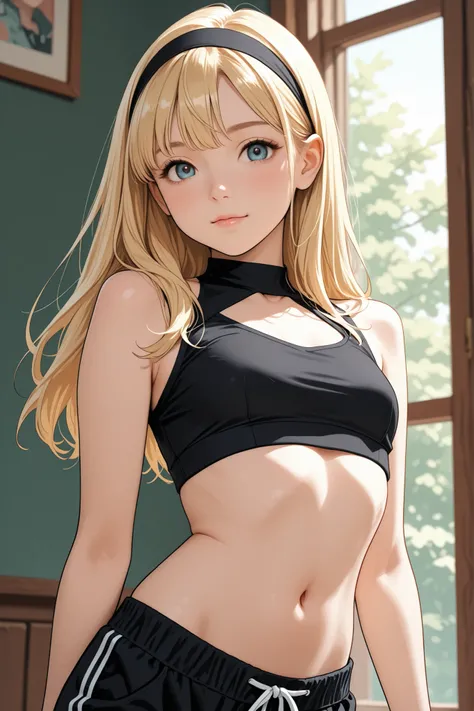 young blonde girl in cropped top and headband 