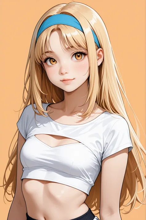 young blonde girl in cropped top and headband