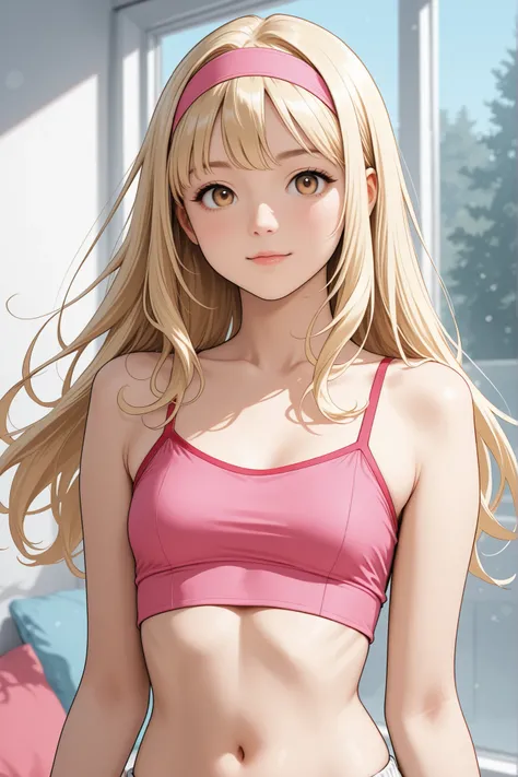 young blonde girl in cropped top and headband 