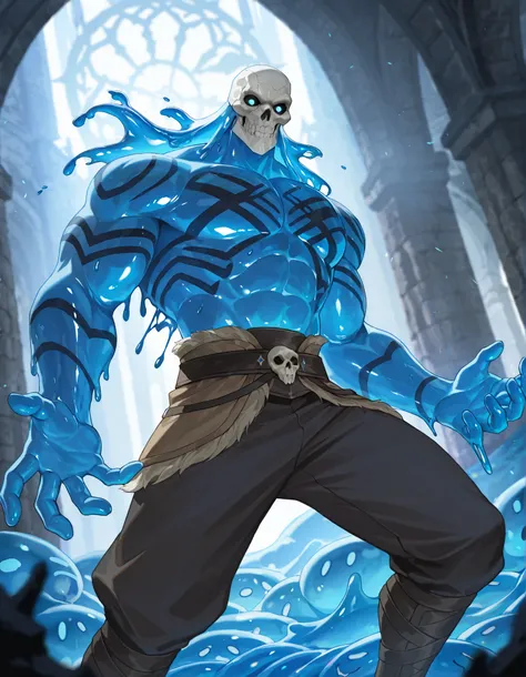 Expressiveh, cold stare, solo male, hungry, score_9, score_8_up, score_7_up, slime short hair, body made of slime, muscular, giant, goliath, slime of a brilliant turquoise blue tone, source_anime, haughty, slime in a form of a man, dark buggy pants, athlet...