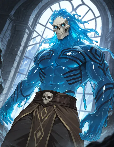 Expressiveh, cold stare, solo male, hungry, score_9, score_8_up, score_7_up, slime short hair, body made of slime, muscular, giant, goliath, slime of a brilliant turquoise blue tone, source_anime, haughty, slime in a form of a man, dark buggy pants, athlet...