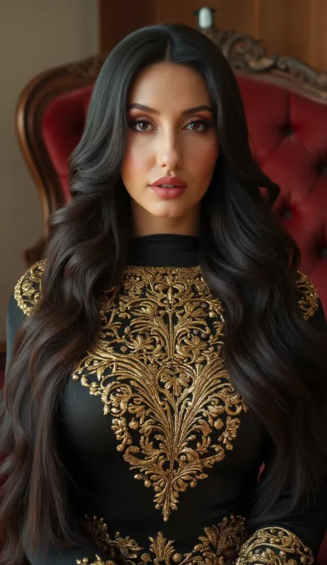 Sexy photo of noraf, massive round , straight hairs, black (satin) sexy abaya full of golden embroidery, lots of jewellery, horny Arabic style luxury living room, bold and seductive pose, evil and seductive expressions, looking at viewer with lust, nsfw, s...