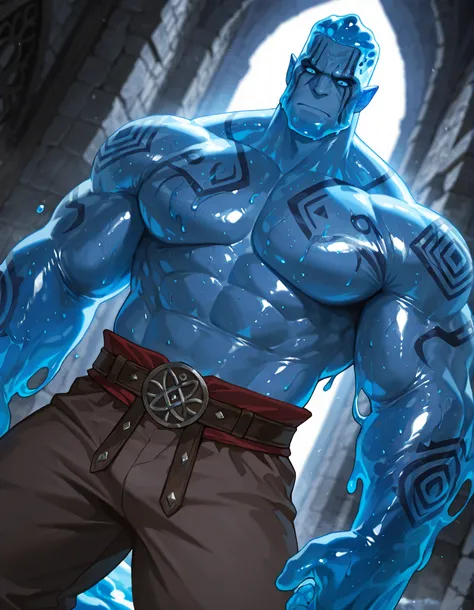 Expressiveh, cold stare, solo male, hungry, score_9, score_8_up, score_7_up, slime short hair, bara, body made of slime, muscular giant, goliath, of a brilliant turquoise blue tone, source_anime, haughty, slime in a form of a bulky man, dark buggy pants, s...