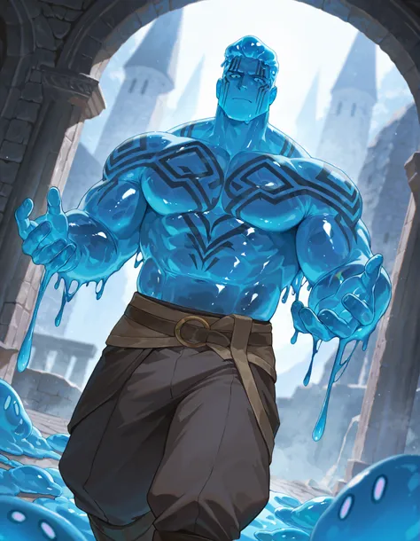 Expressiveh, cold stare, solo male, hungry, score_9, score_8_up, score_7_up, slime short hair, bara, body made of slime, muscular giant, goliath, of a brilliant turquoise blue tone, source_anime, haughty, slime in a form of a bulky man, dark buggy pants, a...