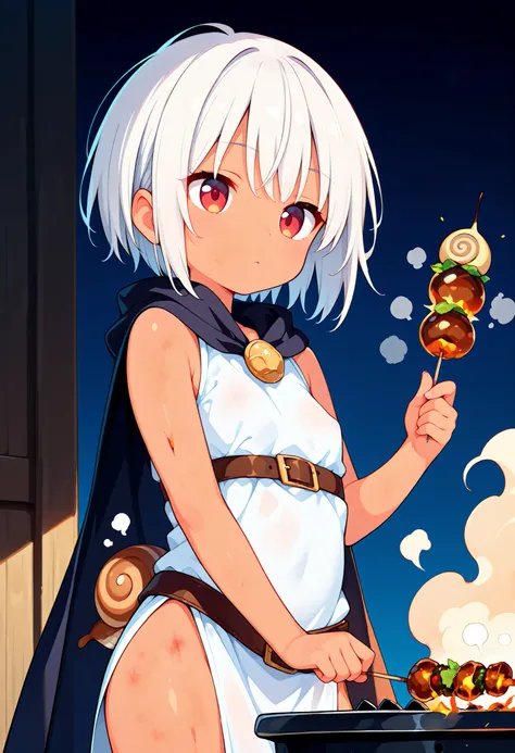 masterpiece, Best Quality, Very detailed, anime style , source_anime ,1girl, short,young,short hair, white hair, boyish, brown skin, red eyes, emotionless expression,,small breast ,A simple cape, wearing simple Adventurer's clothing,with a sword on her wai...
